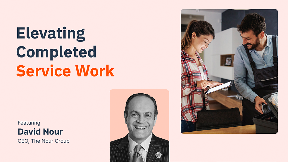 Promotional graphic featuring David Nour, CEO of The Nour Group, with image of service technician assisting female customer.