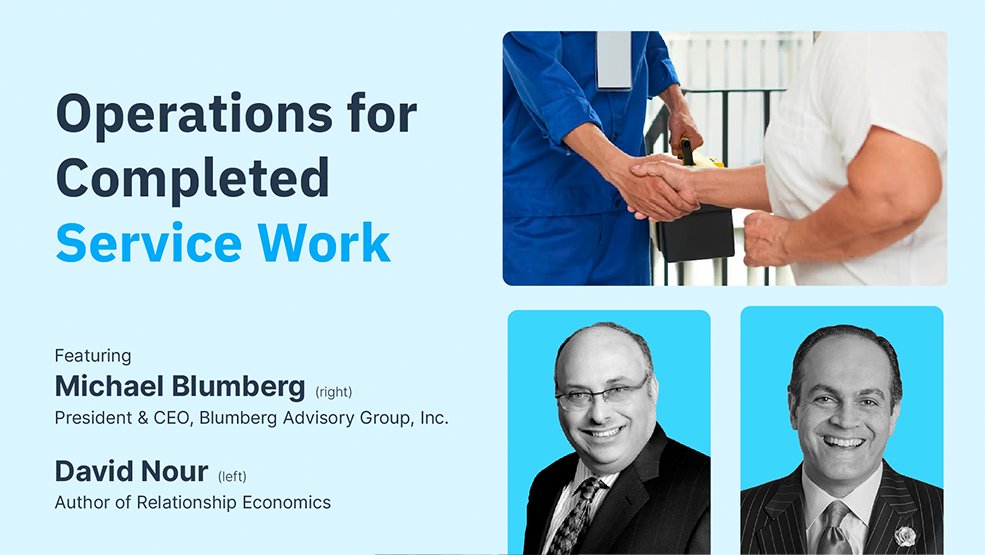 Promotional graphic for service operations event featuring headshots of Michael Blumberg and David Nour with handshake image.