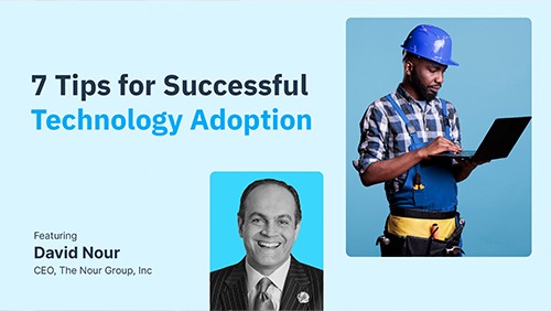 Presentation slide featuring David Nour, CEO of The Nour Group, with worker in hard hat holding laptop, titled "7 Tips for Successful Technology Adoption"
