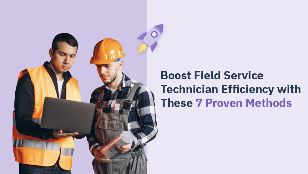 Two field service technicians reviewing information on a laptop at a job site, one wearing a safety vest and hard hat