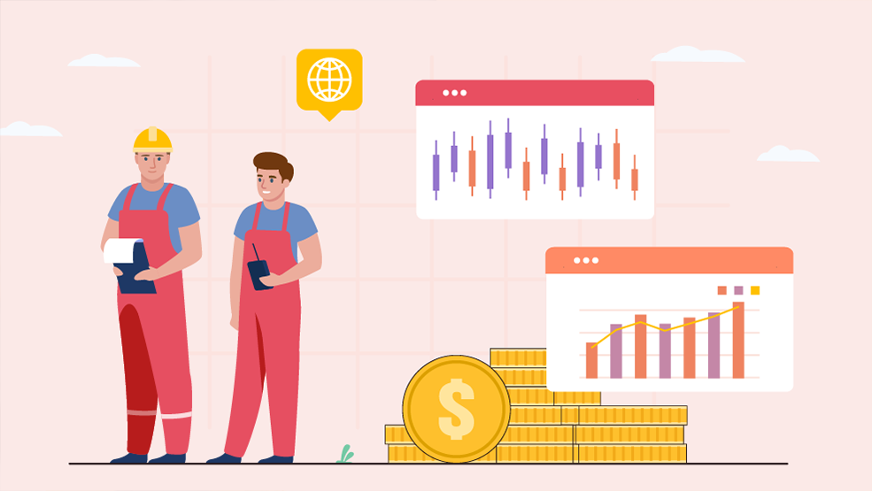 Workers in overalls reviewing financial charts showing business growth and revenue with stacked coins