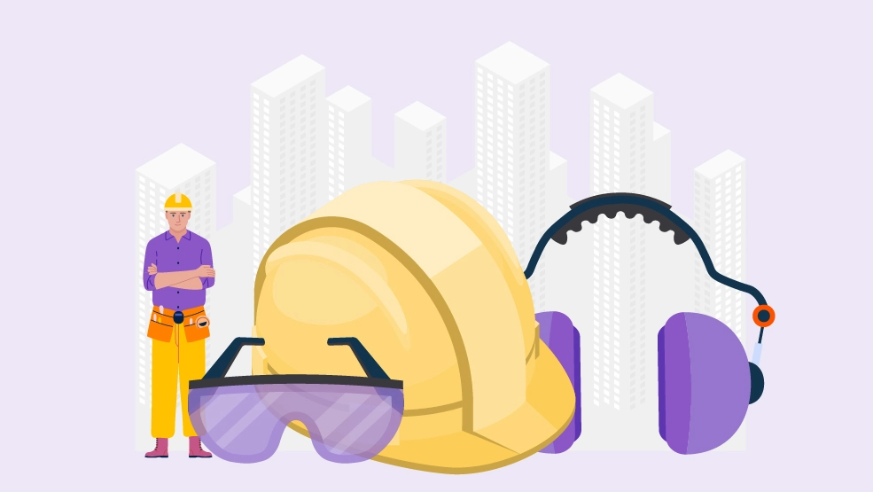 Construction worker with hard hat standing beside oversized safety equipment including helmet, protective glasses, and ear muffs