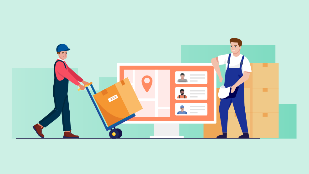 Delivery worker transporting packages on hand truck while dispatcher assigns jobs to field technicians on scheduling screen