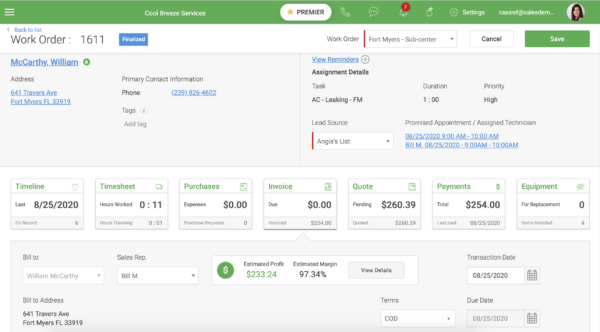 A screenshot of the FieldEdge work order management system