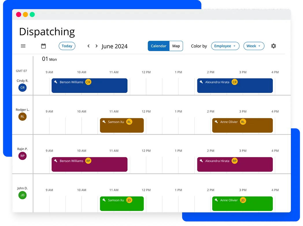 A screenshot of the dispatch board from the Housecall Pro work order management system