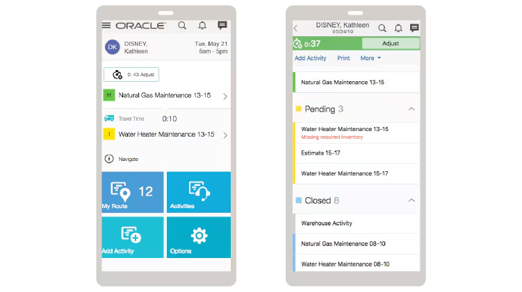 Screenshots from the Oracle Fusion Field Service work order management mobile app