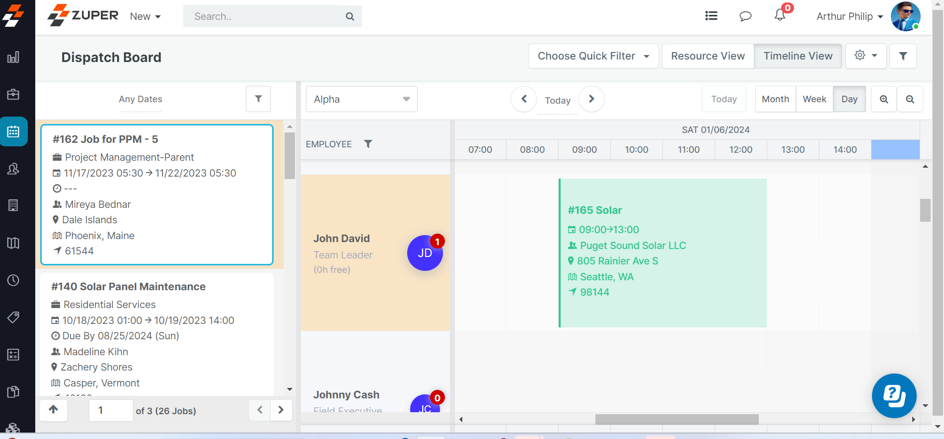 A screenshot of the Zuper dispatch board with customizations that can affect dispatch software cost