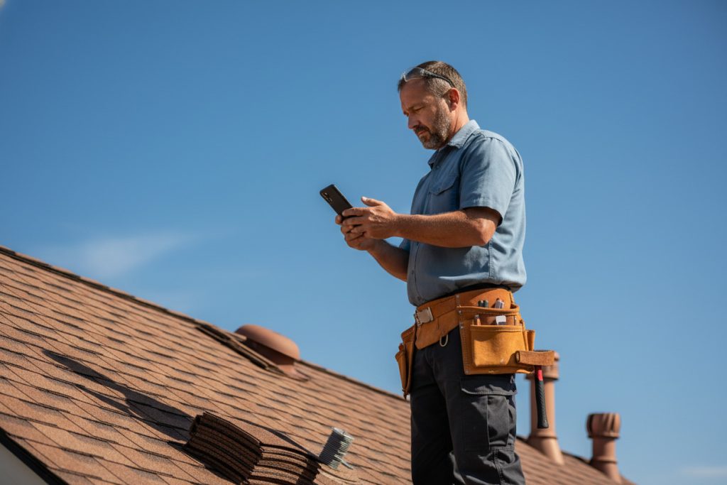 A-roofer-using-AI-roofing-estimating-calculator-software