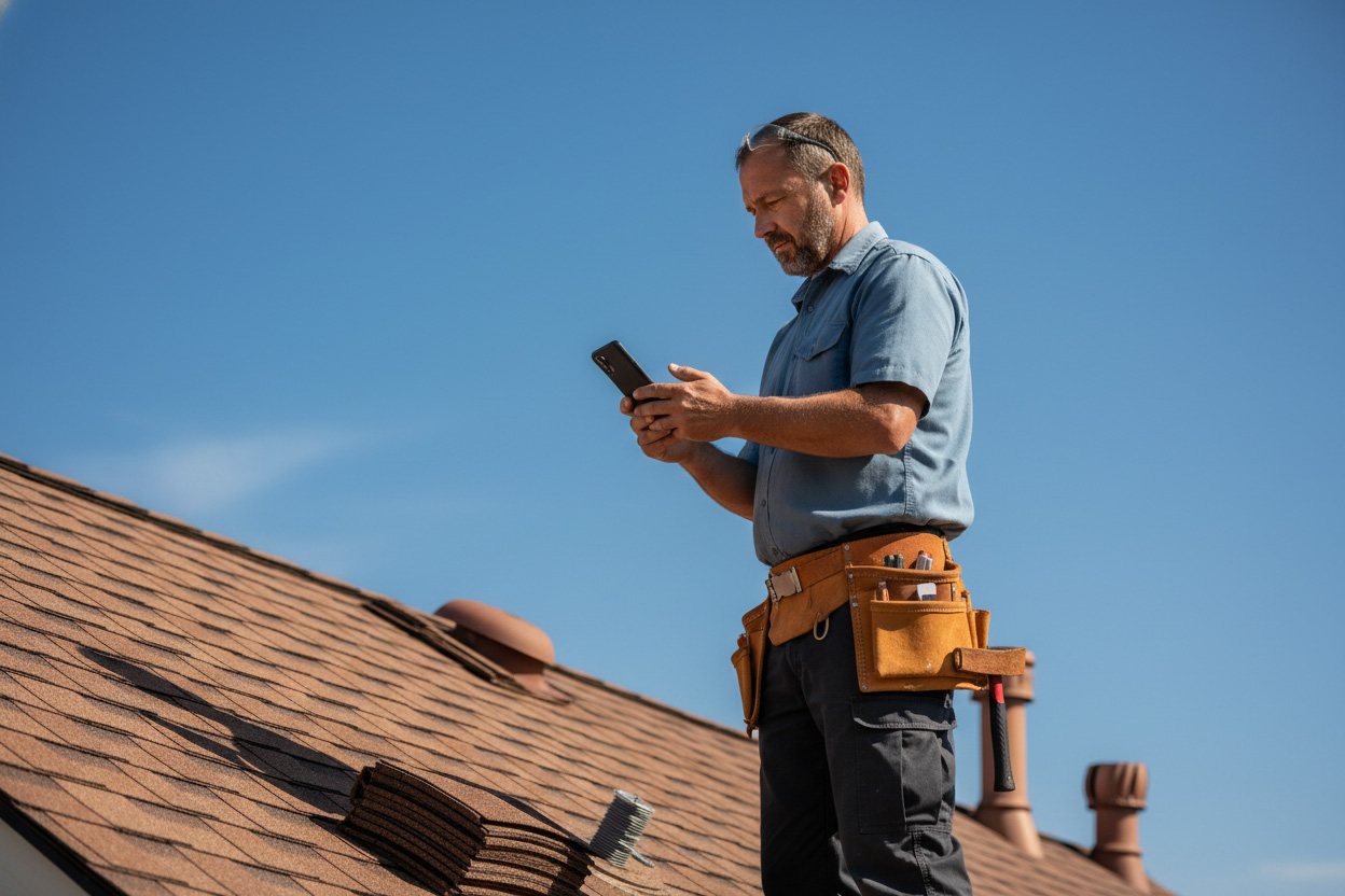 A-roofer-using-AI-roofing-estimating-calculator-software