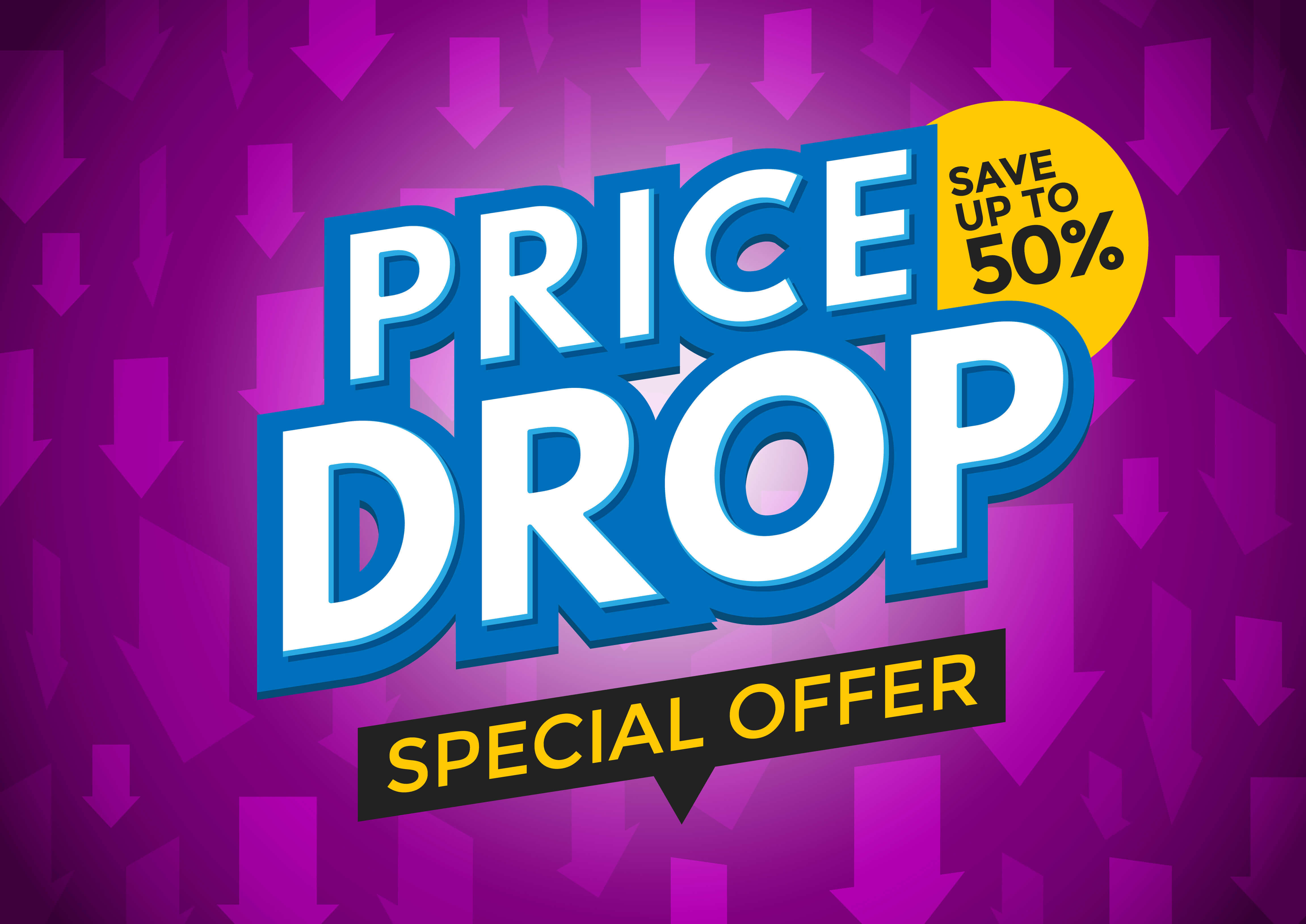 A purple background image used for retargeting that captions price drop and save upto 50% special offer