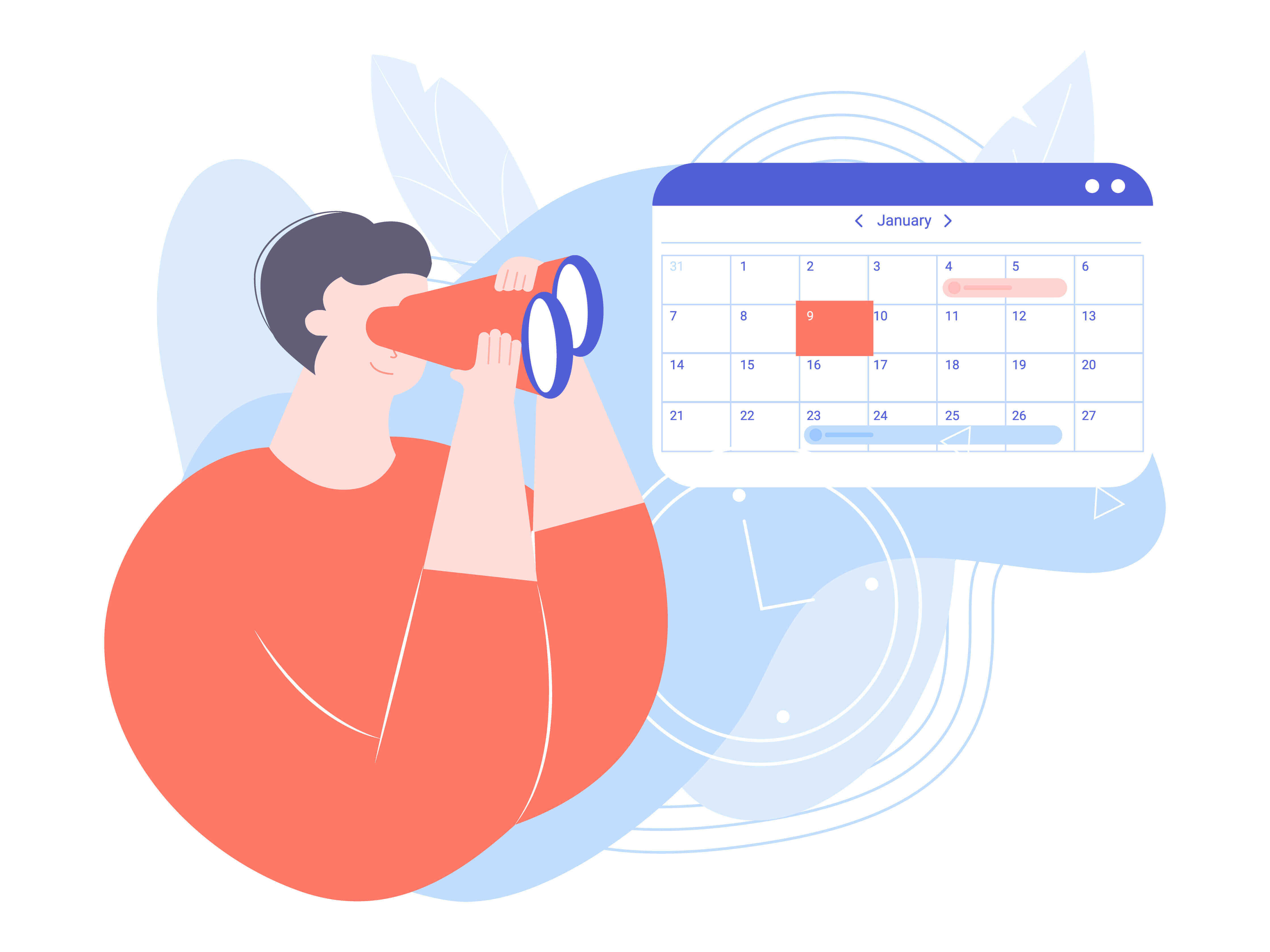 A person with binoculars looking at a calendar. The image tells us to be in the lookout for available schedules.