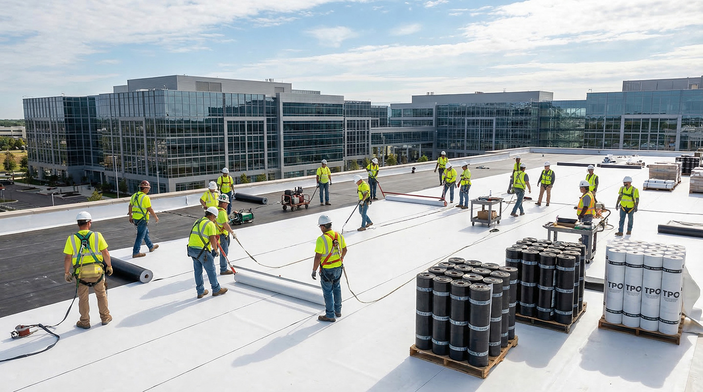 A commercial roofing team using the best commercial roofing estimating software