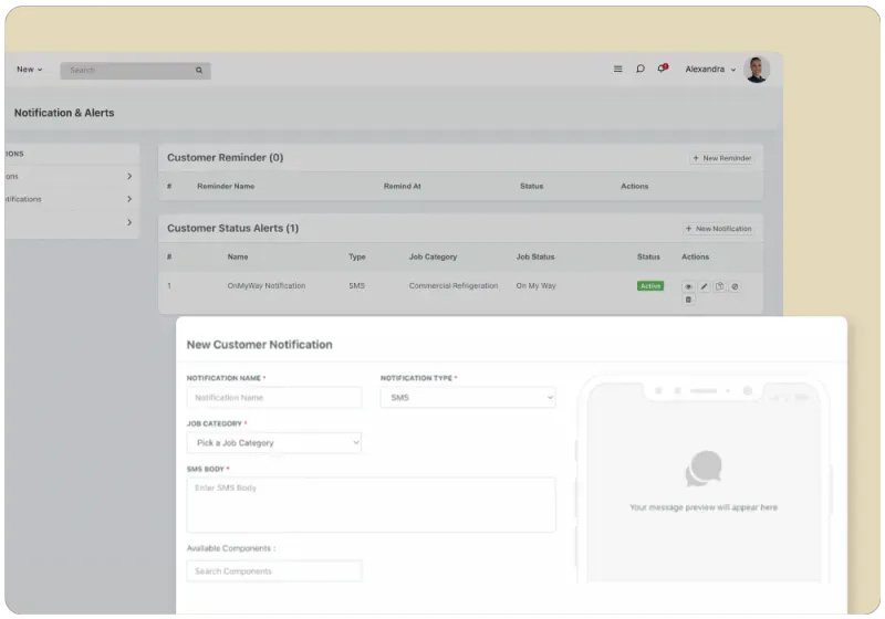 A screenshot of the Zuper roofing CRM’s automatic customer notification feature