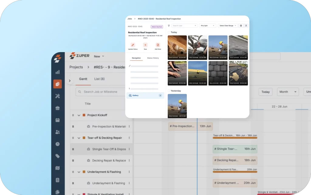 A screenshot of the Zuper roofing CRM’s project management capabilities